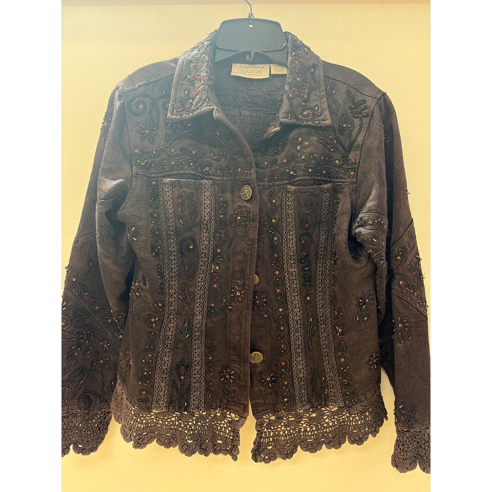 Flashback Couture Brown Embroidered Beaded Crochet Lace Boho Jacket Small‎